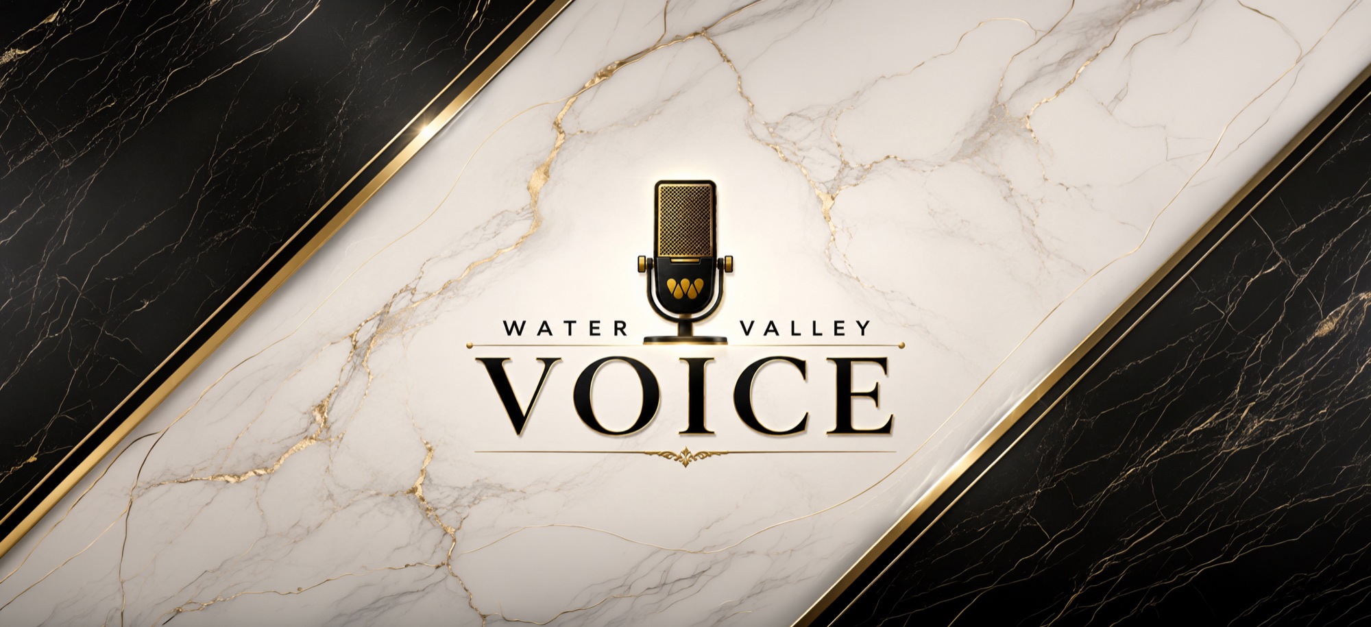 Water Valley Voice logo in black and gold on white marble